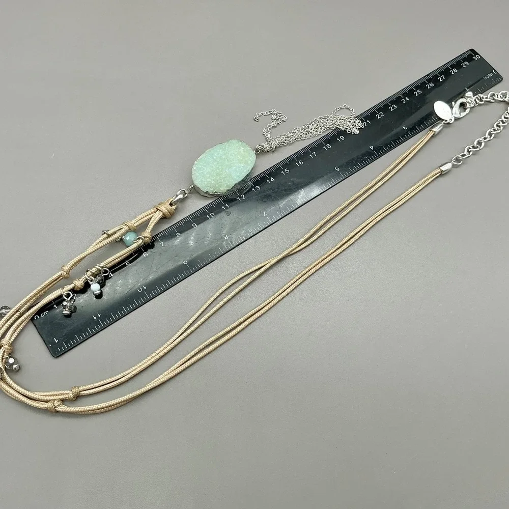 Chico's Necklace Mint Green Faux Druzy Tassel Beige Cord Silver Tone Boho 36